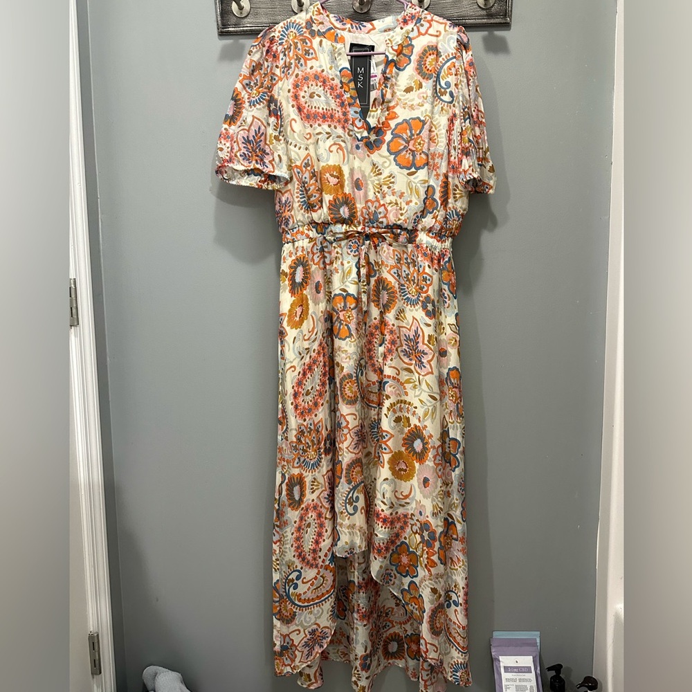 MSK Women’s Split Neck Puff Sleeve Floral Paisley High-Low Midi Dress NWT
